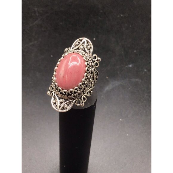 Rhodonite Ring Wide Elongated Bold Ornate Sterling Silver Setting Size 7 - Picture 2 of 8